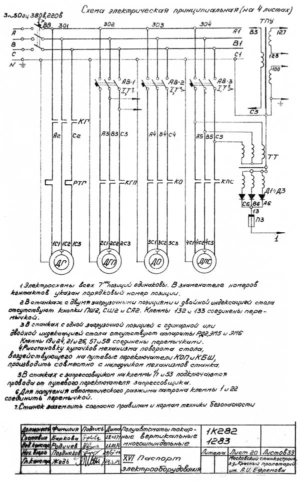 Схема електрична вертикального багатошпиндельного токарного верстата 1К282